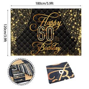 Happy 60th Birthday Banner Backdrop Royal Curtain Decorations Black Gold Background 60 Years Old Bday for Women Men Photography Party Decor Supplies