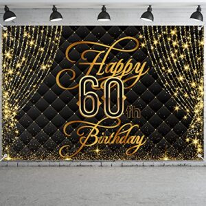 Happy 60th Birthday Banner Backdrop Royal Curtain Decorations Black Gold Background 60 Years Old Bday for Women Men Photography Party Decor Supplies