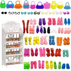 highfun doll shoes rack + 30 pairs doll shoes 10 doll handbags 10 doll glasses replacement fashion playset accessories different assorted colors high heel boots sandals for 11.5 inch girl doll