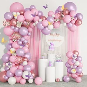 143pcs butterfly pink and purple balloons garland arch kit, baby shower decorations for girl butterfly stickers pink purple rose gold confetti balloons for birthday wedding bridal shower decorations
