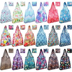 weewooday 18 pieces foldable reusable shopping bags machine washable bags waterproof nylon reusable grocery bags with pouch tote bags (classic style)