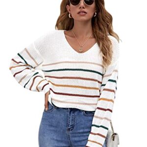 SheIn Women's V Neck Long Sleeve Sweater Drop Shoulder Striped Knitted Pullover Jumper Tops White Medium