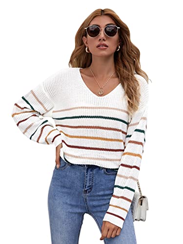 SheIn Women's V Neck Long Sleeve Sweater Drop Shoulder Striped Knitted Pullover Jumper Tops White Medium