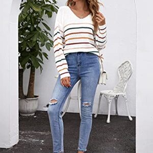 SheIn Women's V Neck Long Sleeve Sweater Drop Shoulder Striped Knitted Pullover Jumper Tops White Medium