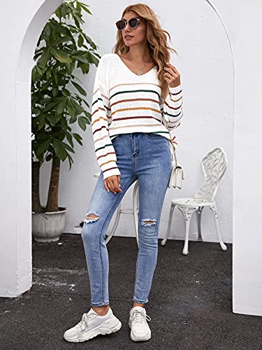 SheIn Women's V Neck Long Sleeve Sweater Drop Shoulder Striped Knitted Pullover Jumper Tops White Medium