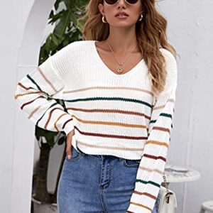 SheIn Women's V Neck Long Sleeve Sweater Drop Shoulder Striped Knitted Pullover Jumper Tops White Medium