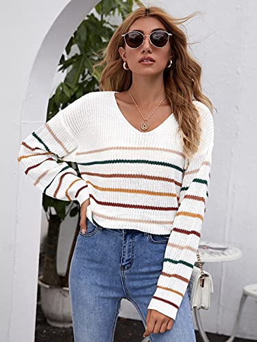 SheIn Women's V Neck Long Sleeve Sweater Drop Shoulder Striped Knitted Pullover Jumper Tops White Medium