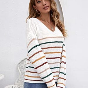 SheIn Women's V Neck Long Sleeve Sweater Drop Shoulder Striped Knitted Pullover Jumper Tops White Medium