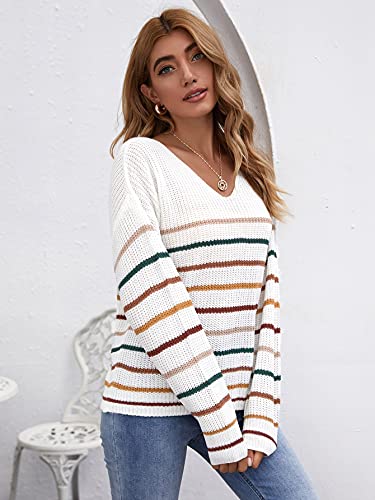 SheIn Women's V Neck Long Sleeve Sweater Drop Shoulder Striped Knitted Pullover Jumper Tops White Medium