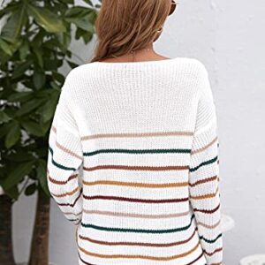 SheIn Women's V Neck Long Sleeve Sweater Drop Shoulder Striped Knitted Pullover Jumper Tops White Medium