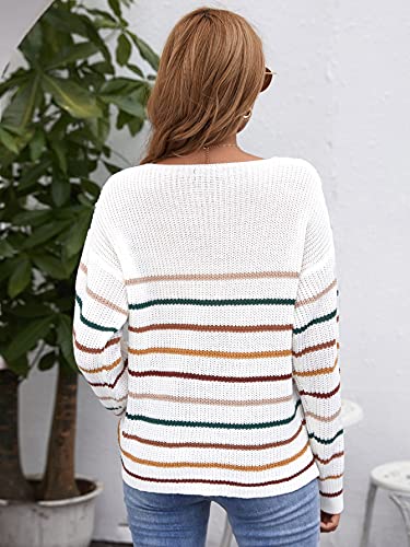 SheIn Women's V Neck Long Sleeve Sweater Drop Shoulder Striped Knitted Pullover Jumper Tops White Medium