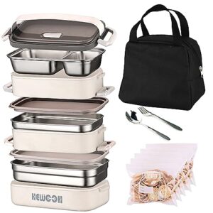 hewooh bento box adult lunch box (74 oz large capacity), reusable, including lunch bag, fork and spoon, 3 dividers, suitable for work, picnic, dishwasher and microwave safe.(white)