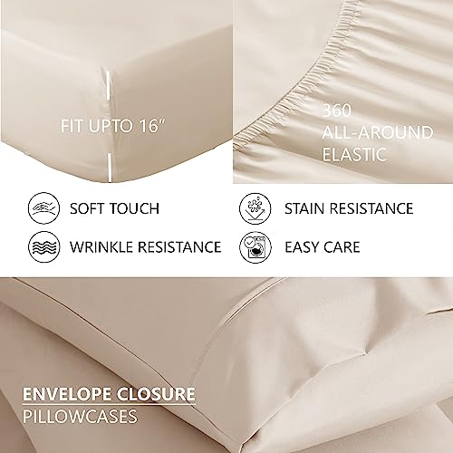 American Home Collection Deluxe 4 Piece Bed Sheets Set Deep Pocket Extra Soft Microfiber Wrinkle Free Sheets Easy Care (Queen, Ivory)