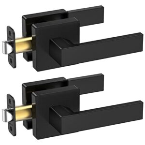 ticonn 2pk door handle heavy duty, reversible square door lever for bedroom, bathroom and rooms (black, passage, 2 pack)