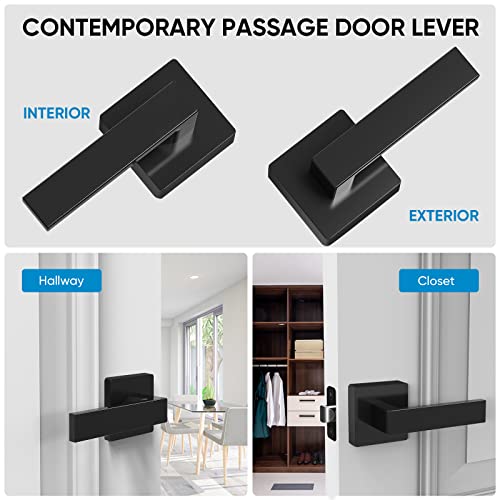 TICONN 2Pk Door Handle Heavy Duty, Reversible Square Door Lever for Bedroom, Bathroom and Rooms (Black, Passage, 2 Pack)