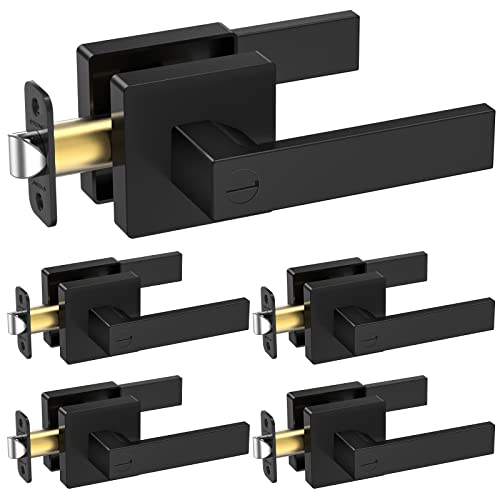 TICONN Black Door Handle Heavy Duty, Matte Black Reversible Square Door Lever for Bedroom, Bathroom and Rooms (Privacy, 5 Pack, Black)