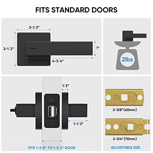 TICONN Black Door Handle Heavy Duty, Matte Black Reversible Square Door Lever for Bedroom, Bathroom and Rooms (Privacy, 5 Pack, Black)