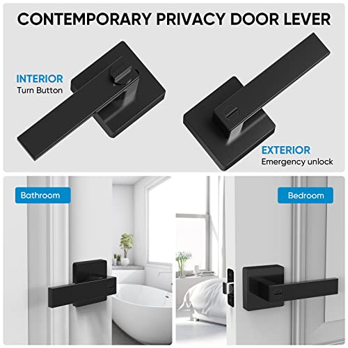 TICONN Black Door Handle Heavy Duty, Matte Black Reversible Square Door Lever for Bedroom, Bathroom and Rooms (Privacy, 5 Pack, Black)