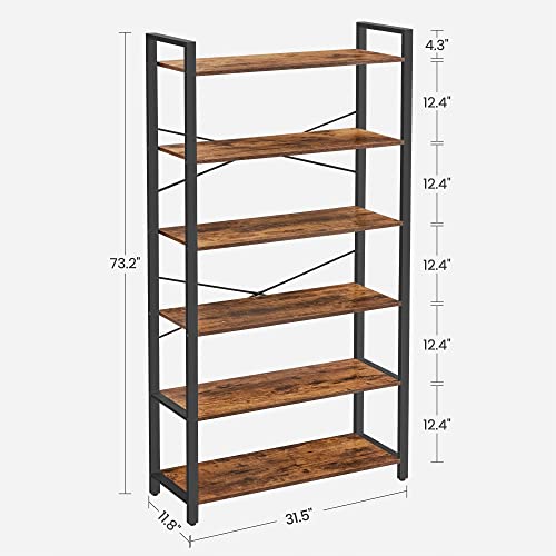 VASAGLE 6-Tier Tall Bookshelf, Large Bookcase with Steel Frame, Deep Book Shelf for Living Room, Home Office, Study, 11.8 x 31.5 x 73.2 Inches, Industrial Style, Rustic Brown and Black ULLS082B01