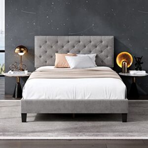 hostack full size bed frame, modern upholstered platform with adjustable headboard, heavy duty button tufted frame wood slat support, easy assembly, no box spring needed (grey, full)