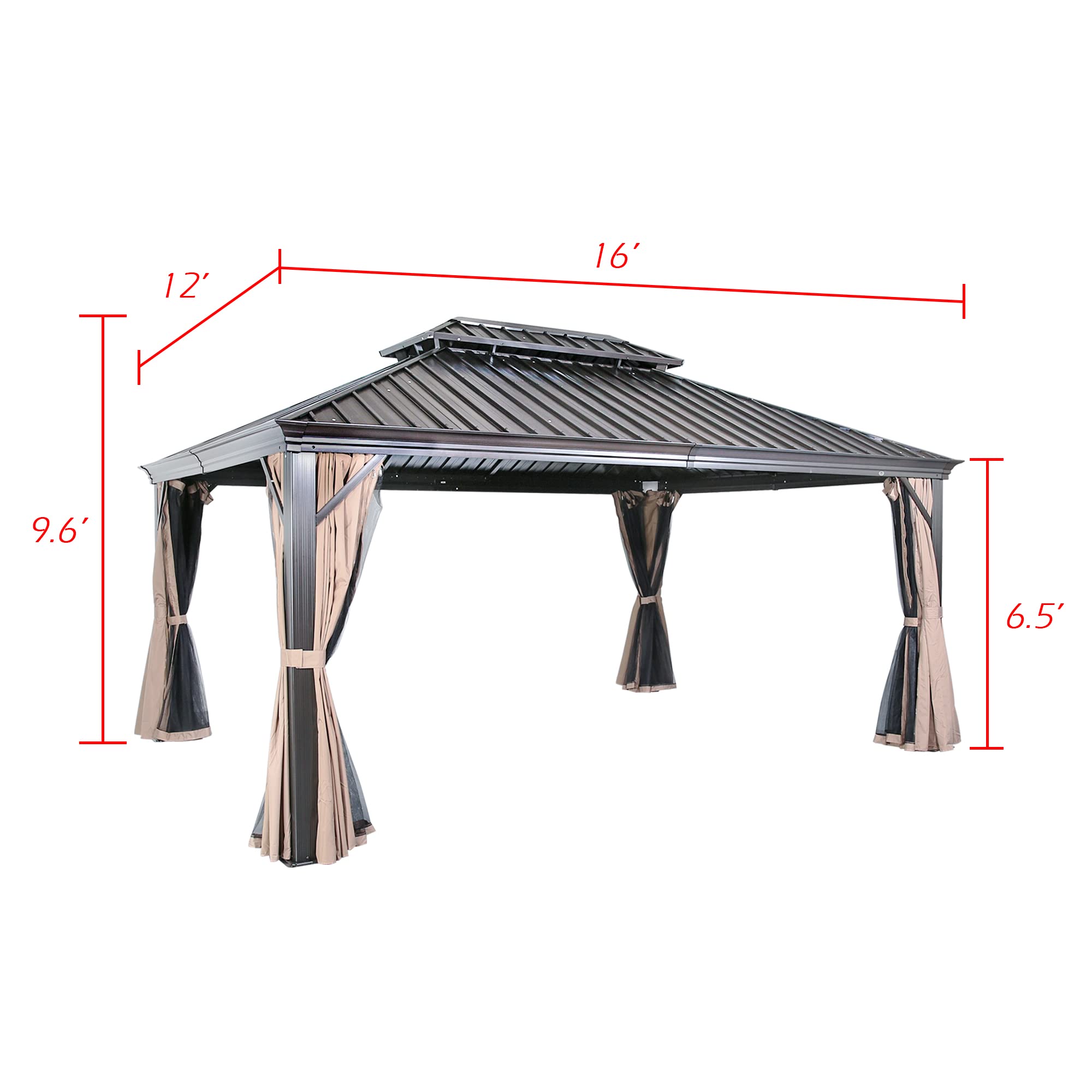 Patio Tree 12' x 16' Patio Hardtop Gazebo Outdoor Non-Rust Aluminum Permanent Pergola Shelter Tent with Galvanized Steel Canopy Roof, Mosquito Netting and Privacy Curtain