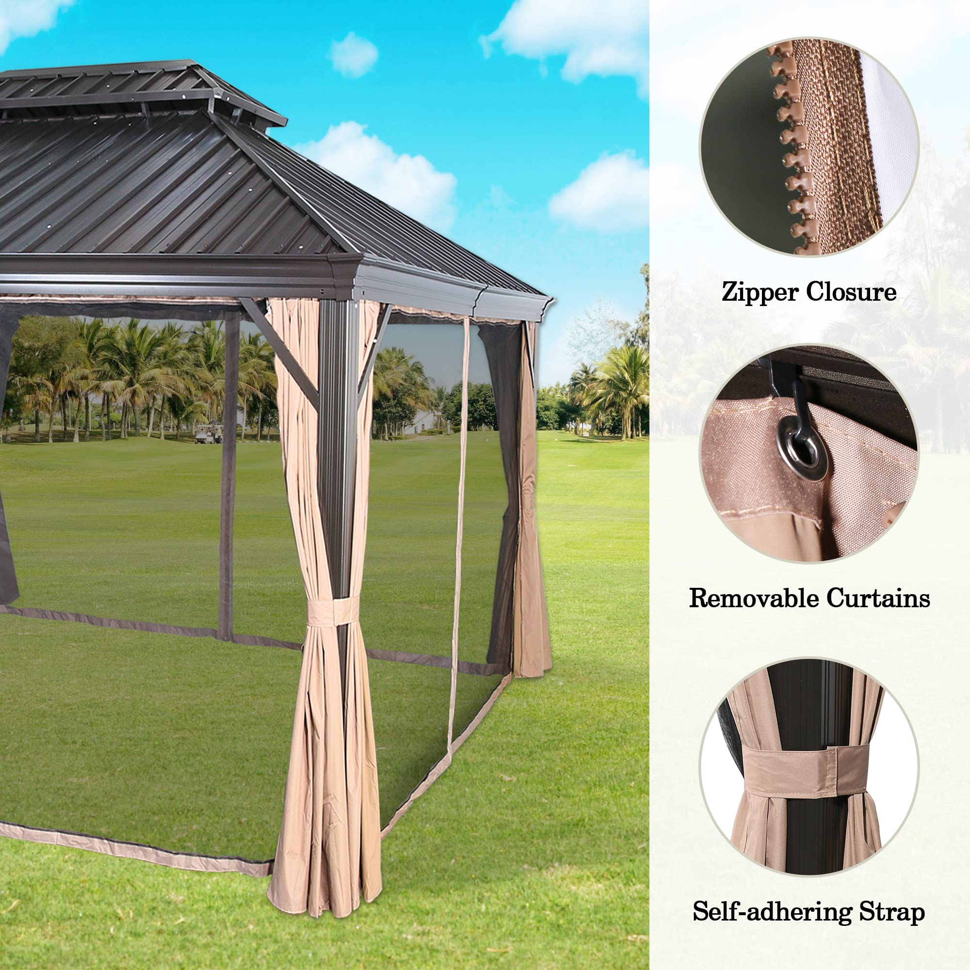 Patio Tree 12' x 16' Patio Hardtop Gazebo Outdoor Non-Rust Aluminum Permanent Pergola Shelter Tent with Galvanized Steel Canopy Roof, Mosquito Netting and Privacy Curtain