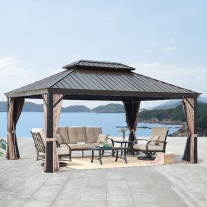 Patio Tree 12' x 16' Patio Hardtop Gazebo Outdoor Non-Rust Aluminum Permanent Pergola Shelter Tent with Galvanized Steel Canopy Roof, Mosquito Netting and Privacy Curtain