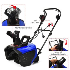 Blue 15Amp Motor Electric Snow Blower Snow Thrower 18” Clearing Width 10” Clearing Height Clear 720LBS Snow Per Minute Ideal for Snow Pick Up On Driveway Walkway Perfect for Heavy Snow Condition