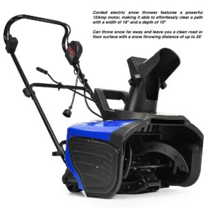 Blue 15Amp Motor Electric Snow Blower Snow Thrower 18” Clearing Width 10” Clearing Height Clear 720LBS Snow Per Minute Ideal for Snow Pick Up On Driveway Walkway Perfect for Heavy Snow Condition