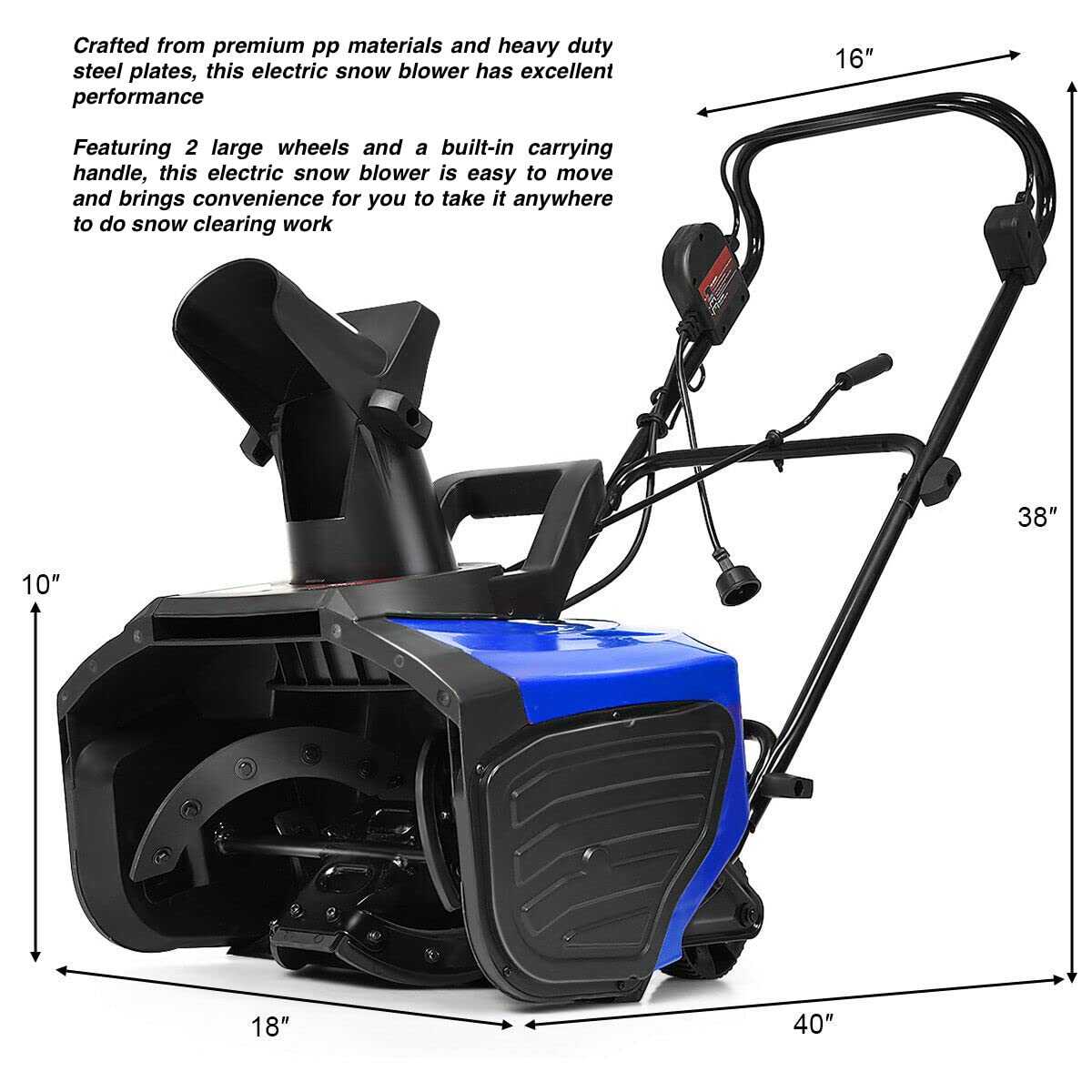 Blue 15Amp Motor Electric Snow Blower Snow Thrower 18” Clearing Width 10” Clearing Height Clear 720LBS Snow Per Minute Ideal for Snow Pick Up On Driveway Walkway Perfect for Heavy Snow Condition