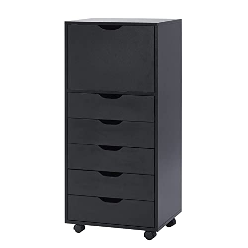 Naomi Home 6 Drawer Dresser for Bedroom, Stylish Tall Dressers with Wheels, Storage Shelves, Small Dresser for Closet, Makeup Dresser with 180 lbs Capacity - Black