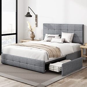 keyluv modern upholstered queen bed frame with 4 storage drawers, platform bed with button tufted headboard, solid wooden slat support, easy assembly, grey