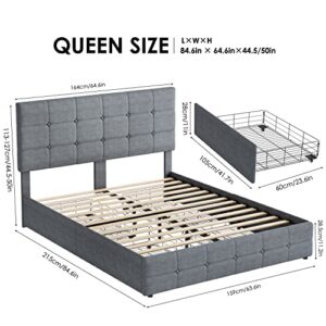 Keyluv Modern Upholstered Queen Bed Frame with 4 Storage Drawers, Platform Bed with Button Tufted Headboard, Solid Wooden Slat Support, Easy Assembly, Grey