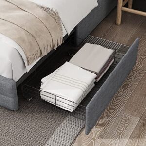 Keyluv Modern Upholstered Queen Bed Frame with 4 Storage Drawers, Platform Bed with Button Tufted Headboard, Solid Wooden Slat Support, Easy Assembly, Grey