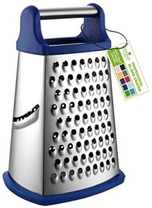professional cheese grater - stainless steel, xl size, 4 sides - perfect box grater for parmesan cheese, vegetables, ginger - dishwasher safe - sapphire