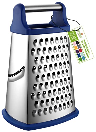 Professional Cheese Grater - Stainless Steel, XL Size, 4 Sides - Perfect Box Grater for Parmesan Cheese, Vegetables, Ginger - Dishwasher Safe - Sapphire