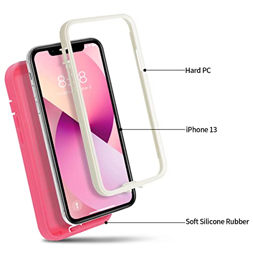 MAXCURY Designed for iPhone 13 Case para, Pink Shockproof Protective Phone Cases for Women, Drop Protection Heavy Duty Lightweight 2 in 1 Dual Layer Cover for Girls 6.1 Inch (Hot Pink/White)