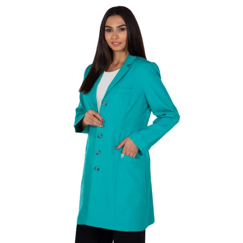 Veste Destiny Colored Women Lab Coat - 5 Pockets 38" Long Laboratory Coat - Female Medical & Science Labcoats 12 Colors in S,M,L with Adjustable Sleeve (Dark Green, Medium)