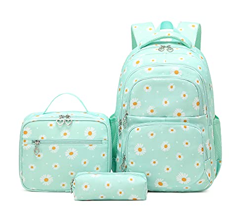 ZHANAO Daisy-Print School Backpack Set with Lunch Kits Bookbag for Teenager Girls 3pcs Gradient SchoolBag for Primary Student