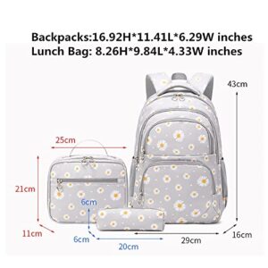 ZHANAO Daisy-Print School Backpack Set with Lunch Kits Bookbag for Teenager Girls 3pcs Gradient SchoolBag for Primary Student