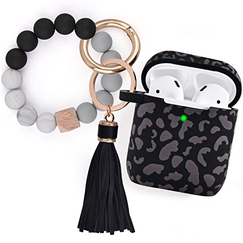 Filoto Airpods 2nd Generation Case, Cute Apple Airpod 1&2 Case Cover for Women Girls, Silicone Protective Case with Bracelet Keychain (Leopard Black)