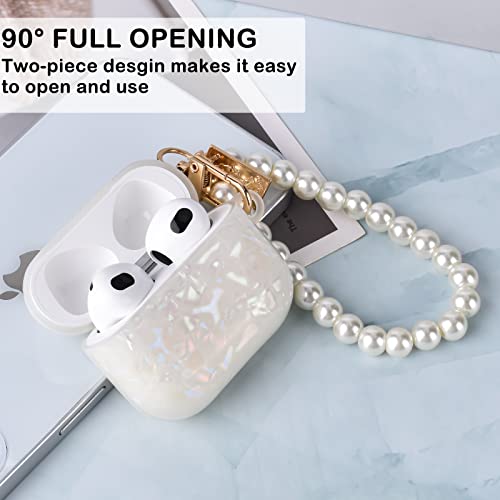 Glitter Shell Design for AirPods 3 (2021)with Pearl Wrist Chain Keychain,Colorful Sparkle Bling Pretty Cute Protective Skin Cover for Airpods 3rd Generation for Women Girls Soft TPU Shock Proof-White