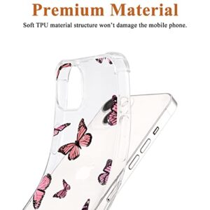 QISHANG Pink Butterfly Clear Case for iPhone 13 Mini, Transparent Slim Soft TPU Shockproof Corner Bumper Protective Cover Cute Kawaii Animal Pattern Anti-Scratch Cases for Kids Woman Teens Girls Boys