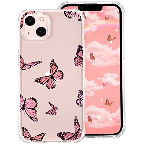 QISHANG Pink Butterfly Clear Case for iPhone 13 Mini, Transparent Slim Soft TPU Shockproof Corner Bumper Protective Cover Cute Kawaii Animal Pattern Anti-Scratch Cases for Kids Woman Teens Girls Boys