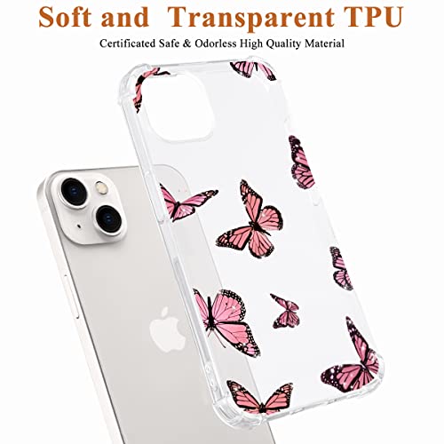 QISHANG Pink Butterfly Clear Case for iPhone 13 Mini, Transparent Slim Soft TPU Shockproof Corner Bumper Protective Cover Cute Kawaii Animal Pattern Anti-Scratch Cases for Kids Woman Teens Girls Boys