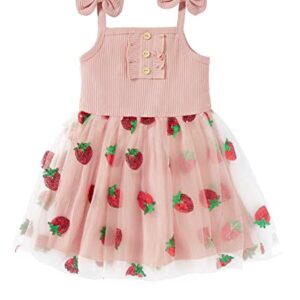 Toddler Baby Girl Dress Sleeveless Strap Knit Dress Daisy Tutu Dresses Princess Sundress (Pink Strawberry, 3-4T)