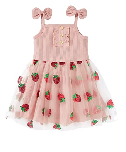 Toddler Baby Girl Dress Sleeveless Strap Knit Dress Daisy Tutu Dresses Princess Sundress (Pink Strawberry, 3-4T)