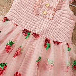 Toddler Baby Girl Dress Sleeveless Strap Knit Dress Daisy Tutu Dresses Princess Sundress (Pink Strawberry, 3-4T)