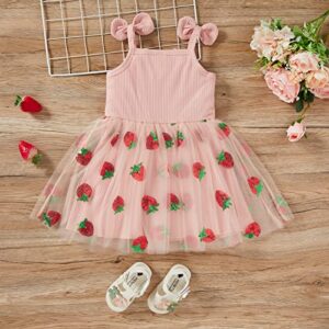 Toddler Baby Girl Dress Sleeveless Strap Knit Dress Daisy Tutu Dresses Princess Sundress (Pink Strawberry, 3-4T)