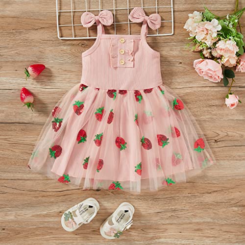 Toddler Baby Girl Dress Sleeveless Strap Knit Dress Daisy Tutu Dresses Princess Sundress (Pink Strawberry, 3-4T)